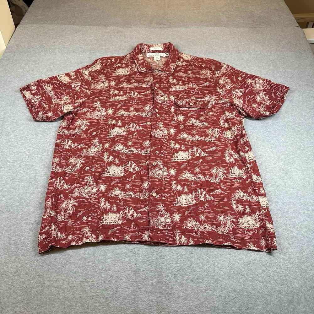 H&M LOGG Hawaiian Shirt Mens XL Linen Blend Red Island Print Aloha Button Up